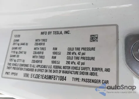 2021 Tesla Model 3 Standard Range Plus Rear-Wheel Drive из США, поврежденный, VIN 5YJ3E1EA5MF871084